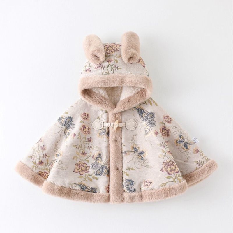 Baby Clothing Winter - เสื้อโค้ทกันหนาวสำหรับเด็กผู้หญิง ลายผีเสื้อและดอกไม้ บุด้วยผ้าฟลีซหนา ป้องกันลม เหมาะสำหรับเด็กเล็กและเด็กโต