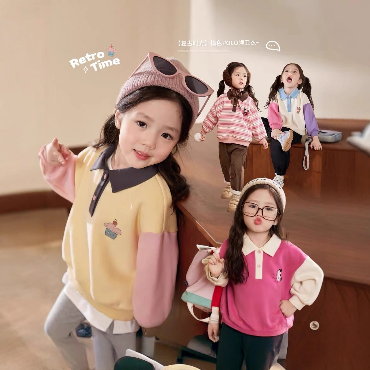 Baby Clothing Winter - เสื้อฮู้ดดี้คอโปโลสำหรับเด็กและผู้หญิง สีตัดกัน แฟชั่นฤดูหนาว 2025 เสื้อแขนยาวผ้าพลัฌนุ่ม สไตล์ทันสมัย