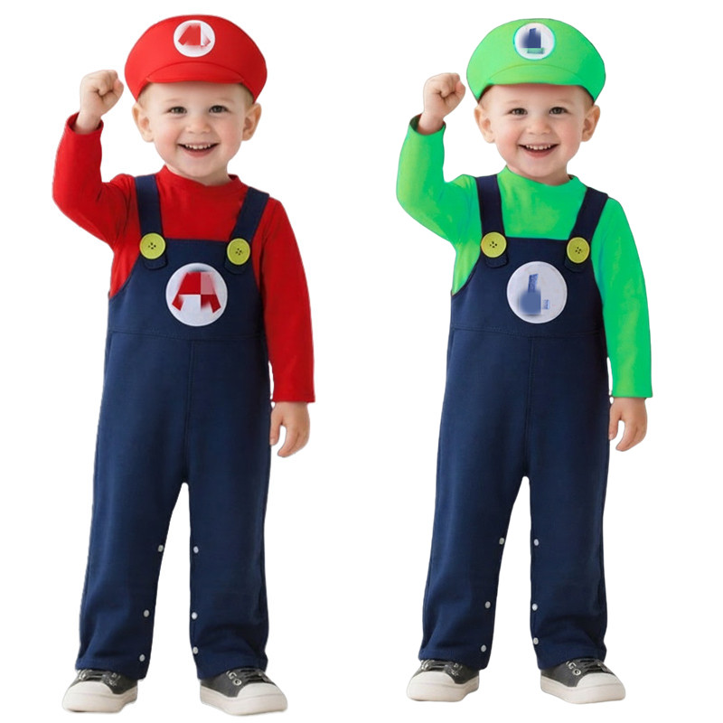 Baby Clothing - ชุดบอดี้สูทช่างประปาเด็ก สีแดงเขียว ลายอนิเมะ เกม ชุดบอดี้สูทช่างประปาสำหรับงานปาร์ตี้วันหยุด ชุดยูนิฟอร์มติดกระดุม
