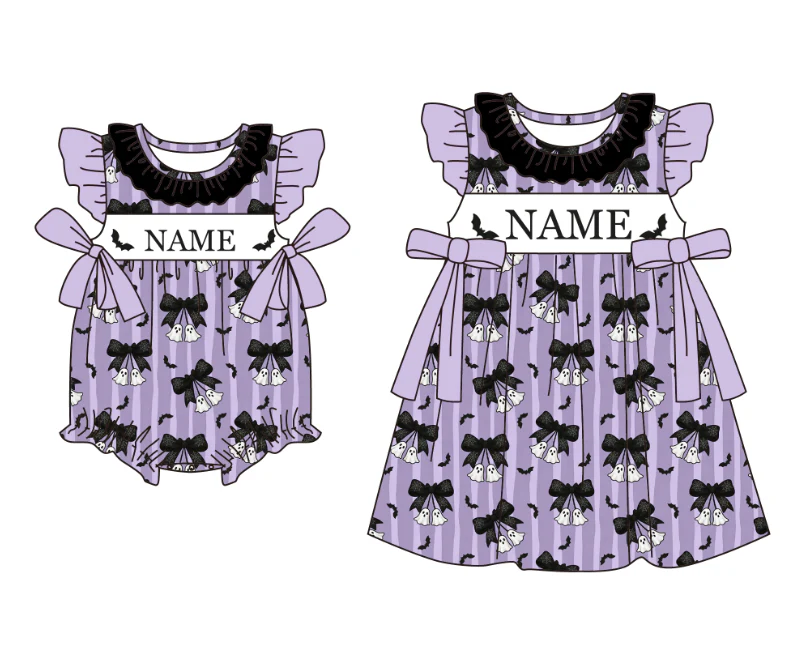 Baby Clothing High Quality - เสื้อผ้าเด็กคุณภาพสูงสำหรับวันฮาโลวีน ชุดเดรสเด็กผู้หญิงลายค้างคาวผีสีม่วง ชุดรอมเปอร์เด็กทารกแบบพอง สามารถปรับแต่งชื่อได้