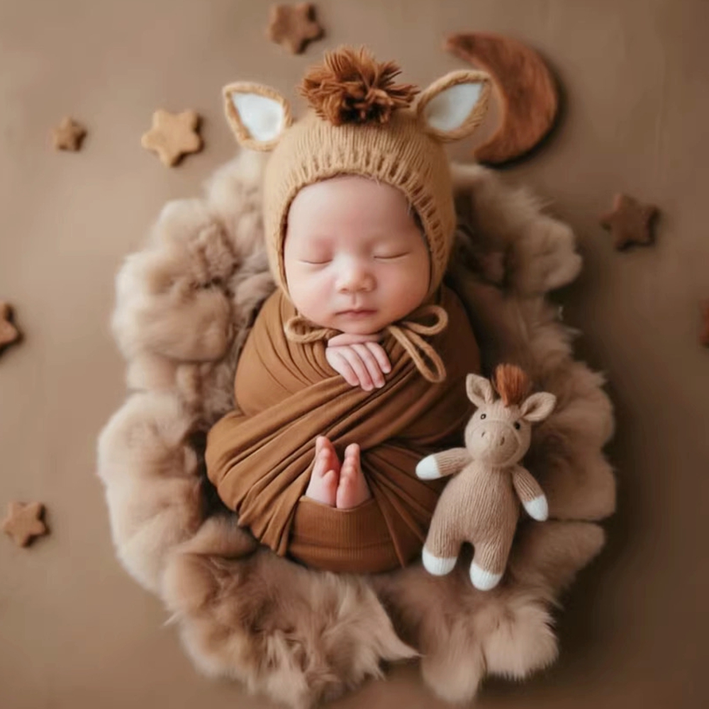 Baby Hat Beanie - หมวกไหมพรมรูปม้าพร้อมตุ๊กตา อุปกรณ์ประกอบฉากถ่ายภาพทารกแรกเกิด หมวกไหมพรมเด็กน่ารัก หมวกคลุมศีรษะสำหรับถ่ายภาพทารกแรกเกิด อุปกรณ์เสริมสำหรับถ่ายภาพ