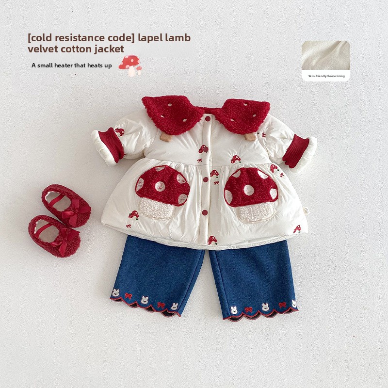 Baby Clothing Winter - ชุดเด็กผู้หญิงสไตล์ตะวันตกสำหรับปีใหม่ 2025 ชุดฤดูหนาวสำหรับเด็กอายุหนึ่งขวบ ชุดวันเกิด เสื้อผ้าเด็กทารก ผ้าฝ้ายลายเห็ด